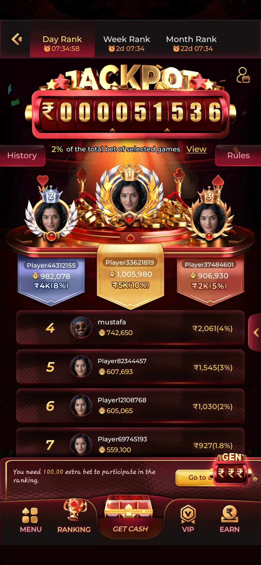 IN7 app screenshot showing a casino game selection